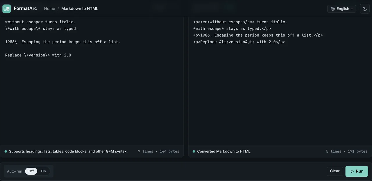 FormatArc's Markdown to HTML converter showing the difference between escaped and unescaped symbols
