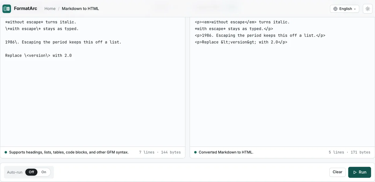 FormatArc's Markdown to HTML converter showing the difference between escaped and unescaped symbols
